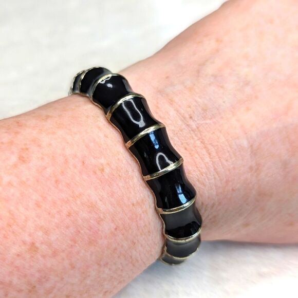 Sequin Brand Black and Gold Bamboo Motif Enameled Hinged Bracelet - Picture 7 of 8
